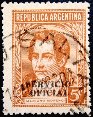 Аргентина 1945 год . Мариано Морено (1778-1811) , с надпечаткой .